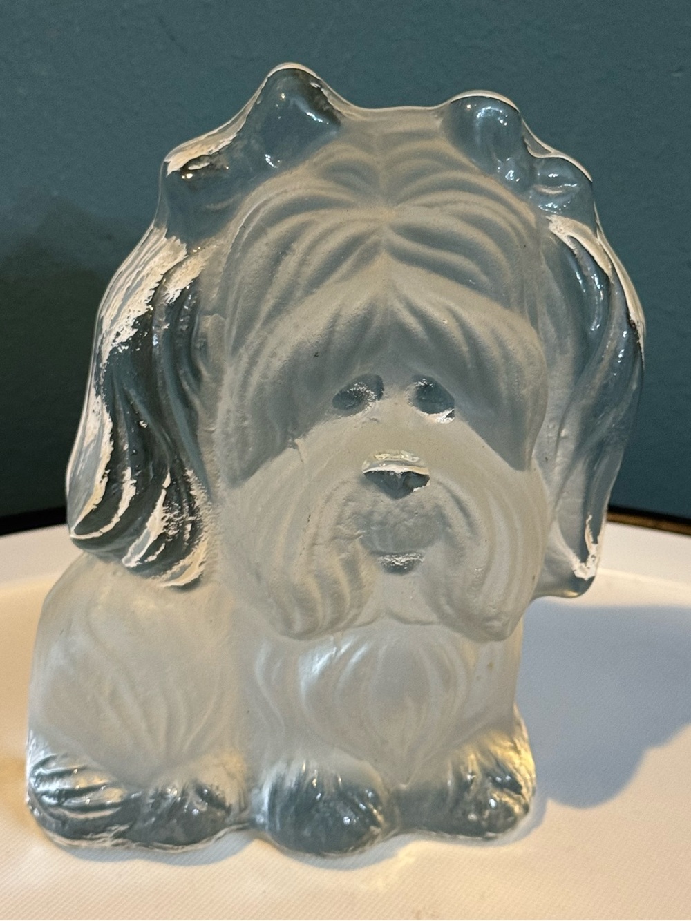 Viking Art Glass scupper - shaggy Yorkshire Terrier or Shih Tzu puppy - clear